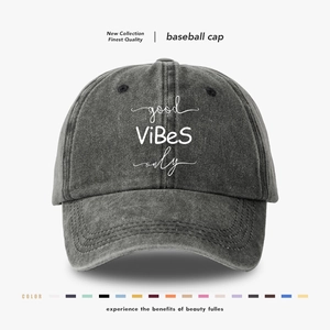 Washed Cotton Baseball Cap Good Vibes Only Letter Print Retro Distressed Adjustable Soft Top Sun Hat Outdoor Unisex