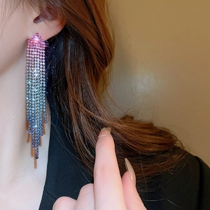 Macro shot of silver needle long tassel earrings with gradient rhinestones on model