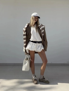 Women's vintage POLO long sleeve shirt with retro brown blazer and white mini skirt