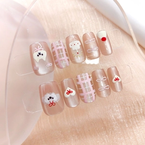 Handmade Press On Nails Cat Eye Pink Cute Dog Heart Bow ABS Plastic Glossy Artificial Fingernails For Women