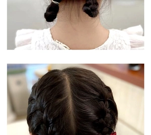 Detail of white elastic hair ties on braided hairstyle for kids in back and top views