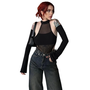 Schwarzer Gothic Mesh-Body mit Halterneck und passenden Ärmeln für Damen