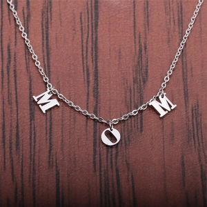 Polished stainless steel MOM letter pendant necklace for Mother's Day gift on wood background