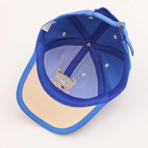 Blue and beige toddler baseball cap featuring breathable mesh lining and teddy bear embroidery