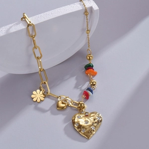 14K gold stainless steel heart necklace with colorful beads and flower charm