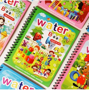 Macro shot of spiral-bound reusable water painting books with colorful animal illustrations