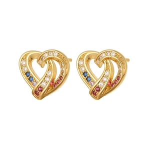 Chic gold-plated heart stud earrings with multi-color zircon inlay for women