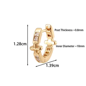 Vintage gold cross huggie earrings with cubic zirconia for men and women, 13mm diameter