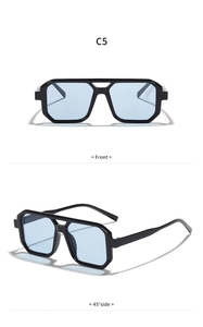 Detail view of square double bridge sunglasses in C5 black frame and light blue lenses