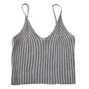 Detail of grey ribbed knit camisole with deep V-neck and fine needlework texture