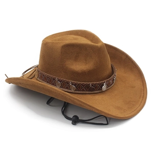Close-up of brown suede cowboy hat featuring woven band and adjustable wind rope