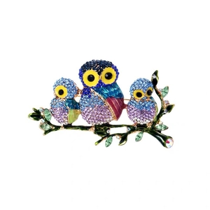 Exquisite owl family brooch with colorful crystals and enamel on a leafy branch
