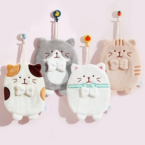 Cute Cat Hanging Hand Towel Soft Absorbent Coral Fleece Quick Dry Cartoon Towel For Kitchen Bathroom Children Decor