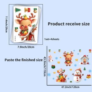 Christmas static stickers set showing package layout and 4-sheet installation dimensions
