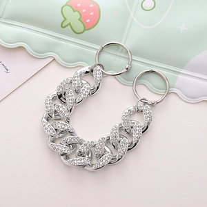 Silver rhinestone-encrusted shoe chain accessory with dual metal ring clasps for DIY charms