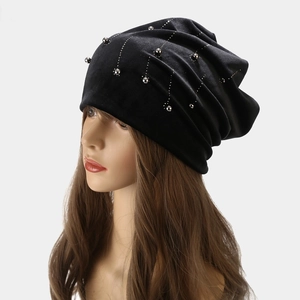 Black velvet slouchy beanie for women with silver pearl beads and warm winter lining