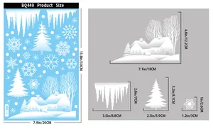 Detailed size chart of Christmas window stickers with house, tree and snowflake dimensions