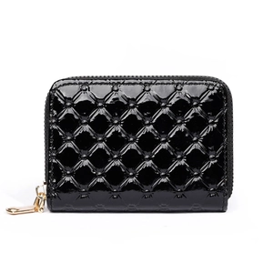 Black quilted patent leather accordion card wallet with rivet details and zipper closure