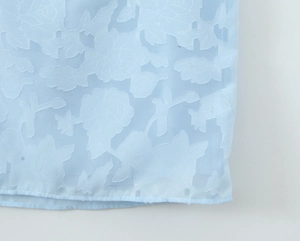 Vue macro du tissu en dentelle bleu clair avec textures florales 3D et fini translucide