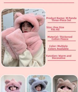 Three-in-one panda hooded scarf and gloves set made of thick warm fleece material