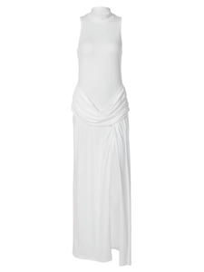 Elegant white sleeveless high neck dress with waist ruching and side slit detail