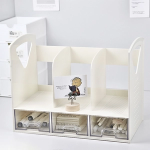 Minimalist cream white desk organizer with three book slots and transparent drawers