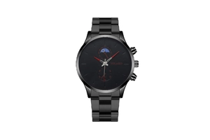 Close-up of Yolako black metal watch face with red hands and moon phase sub-dial