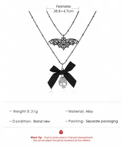 Detailed specs of double-layer punk bat necklace with bow and skull pendant details