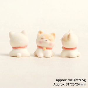 Three-view display of flocked Shiba Inu miniature figurine with a bell collar and 3D texture