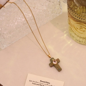 Golden titanium necklace with cross natural stone pendant and pink drop gemstone