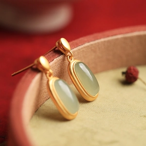 Vintage Chinese Style Dangle Earrings Copper Gold Plated With Green Oval Faux Jade Stone For Women Elegant Retro