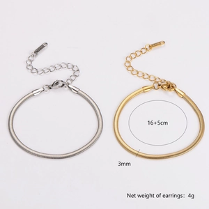Sleek gold and silver stainless steel snake chain bracelets with lobster clasp, 16+5cm length