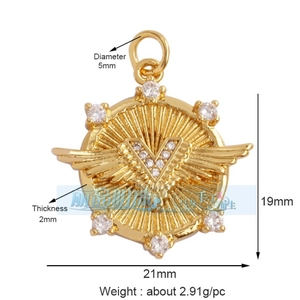 Detailed view of a gold-plated winged V-pendant with sparkling cubic zirconia accents