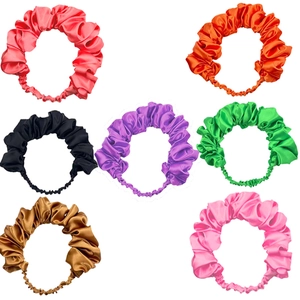 Set of 8 colorful pleated satin scrunchies with elastic bands in silk-like glossy finish