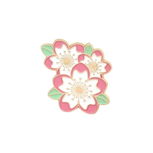 Exquisite pink and white cherry blossom enamel brooch with gold finish floral design