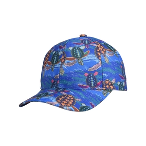 Detailed side view of navy blue baseball cap featuring colorful sea turtle print