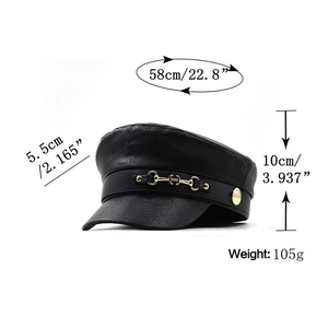 Retro black leather newsboy cap with gold horsebit detail and sizing specifications