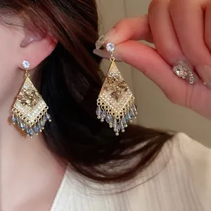Vintage Geometric Diamond Tassel Dangle Earrings For Women With Alloy Rhinestone Synthetic Crystal And Silver Earring Post