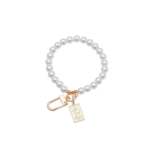Vintage pearl keychain with golden Elizabeth II coin pendant and lobster clasp hanging
