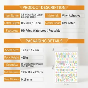 Detailed size and material specification chart for 0.5 inch waterproof vinyl letter stickers