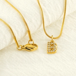Gold letter B initial necklace with zircon paving and delicate snake chain for women