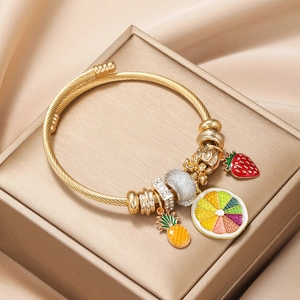 Fruit Party Adjustable Open Cuff Bracelet Stainless Steel Twisted Cable Bangle Enamel Fruit Charms Rhinestone Summer Jewelry