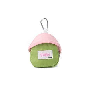 Mini house-shaped pouch in pink and green with a metal carabiner for outdoors
