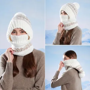 Winter knitted hood scarf mask with pompom and geometric pattern for women