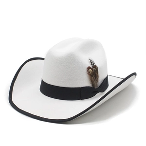 Classic white felt cowboy hat with black ribbon, feathers, and trim on a white background