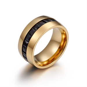 Stainless Steel Wide Band Ring Black Cubic Zirconia Inlaid Punk Biker Fashion Jewelry For Men And Women