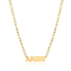 18K gold plated stainless steel Aries zodiac necklace with Figaro chain on white background