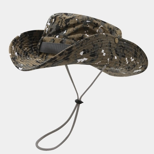 Detail of digital jungle camouflage sun hat featuring breathable metal vents and chin strap