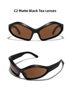 Front and side views of Y2K matte black wrap sunglasses with tea tinted lenses