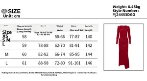 Size chart for velvet slit evening dress with measurements in cm for sizes XS to L